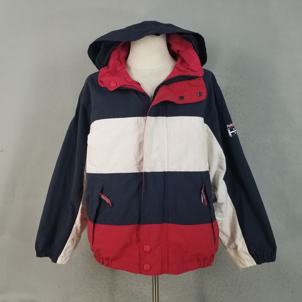 Nautica Jacket Mens L Red Blue Reversible Sport Colorblock Hooded Windbreaker